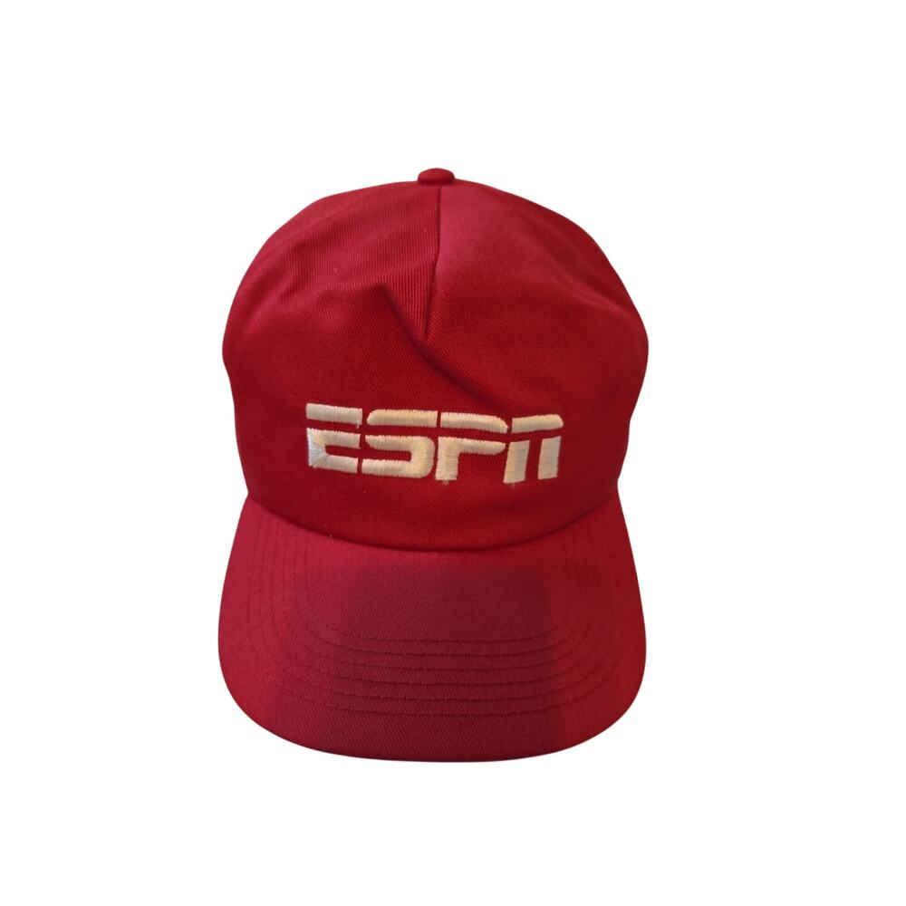 Vtg Espn Red Hat Cap Made In USA White Letters Snapback Trucker Baseball